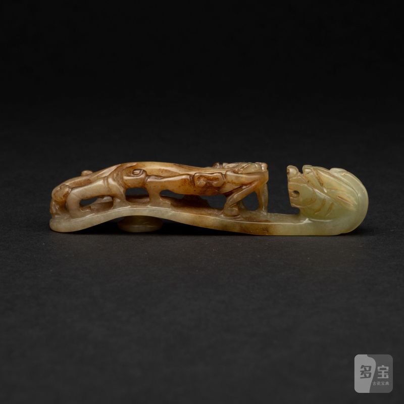    明 白玉紅沁蒼龍教子帶扣 - 图4